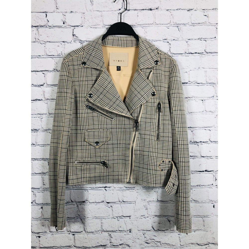 BLANKNYC Moto Jacket Womens Glen Plaid 01GU5726 Tan XS Excellent Asymmetric Zip